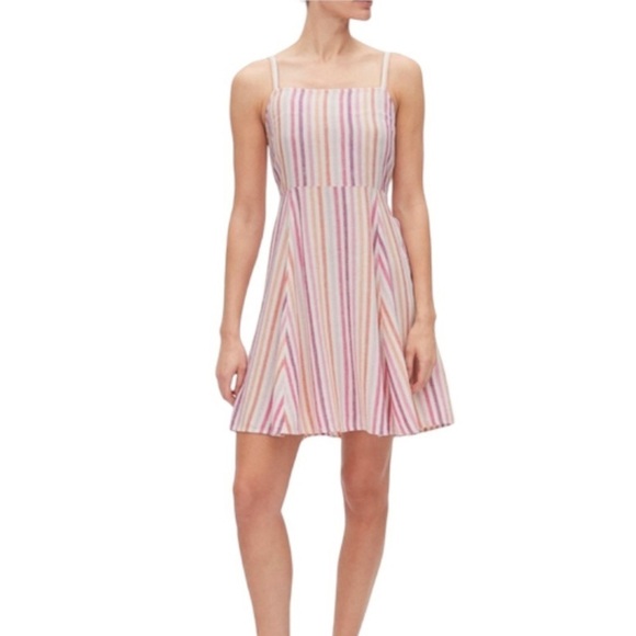 GAP‎ Linen Dress Size Medium Pink Purple Striped Ivory Square Neckline Summer - Picture 1 of 12